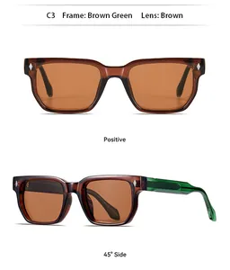 Vistas detalladas de gafas de sol cuadradas con montura marrón verde y lentes marrones.