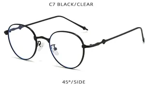Vista lateral de 45 grados de gafas redondas vintage de metal con montura negra y cristales claros