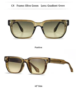 Vista detallada de gafas de sol cuadradas verde oliva con lentes degradadas