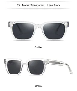 Detalles de gafas de sol cuadradas para hombre con montura transparente y lentes negras.