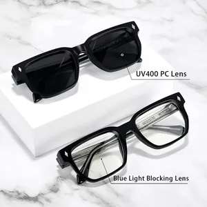 Gafas de sol y filtro de luz azul con montura negra cuadrada y detalles de tachuelas