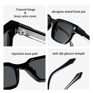 Detalle gafas de sol cuadradas hombre: bisagra de 5 barriles y patillas antideslizantes