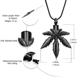 Detailed view of black maple leaf cremation urn necklace with waterproof screw cap.