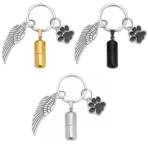 Stainless Steel Memorial Cremation Urn Keychain For Ashes Cylinder Pendant Angel Wing Paw Print Charms Pet Keepsake