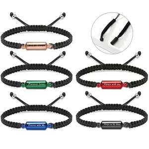 Stainless Steel Cylinder Cremation Urn Bracelet For Memorial Ashes Pet Human Keepsake Adjustable Braided Rope Bangle Jewelry