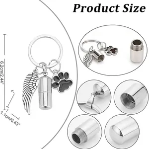 Detail view of stainless steel pet urn keychain showing screw-top and size dimensions