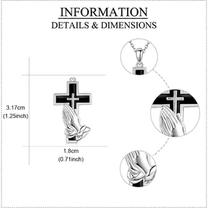 Stainless steel memorial cross pendant with praying hands and detailed measurements.