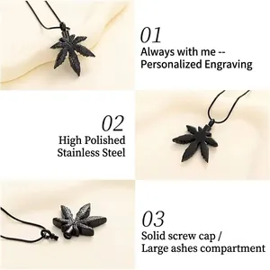 Close-up of black maple leaf cremation urn pendant featuring a secure solid screw cap detail
