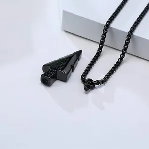 Detailed view of black stainless steel arrowhead cremation pendant and box chain
