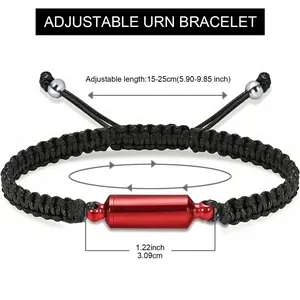 Size details for red cylinder urn bracelet featuring adjustable black braided cord band