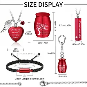 Afmetingen voor rode gedenksieradenset met hartvormige hanger, urn en armband