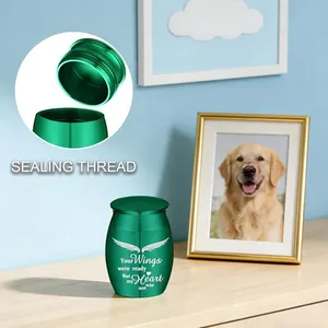 Detailed macro view of green pet memorial cremation urn with secure sealing thread