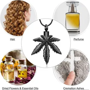 Close-up of black maple leaf cremation pendant with four usage demonstration circles