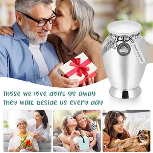 Memorial stainless steel cremation urn for pets or family shown with sentimental quotes