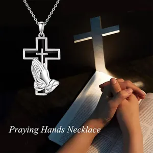 Elegant stainless steel praying hands cross pendant necklace for religious memorial use