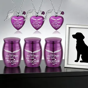 Purple memorial urn and heart necklace set with angel wing charms for pets or humans