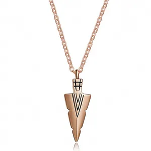 Detail shot of rose gold stainless steel arrowhead urn necklace pendant for men.