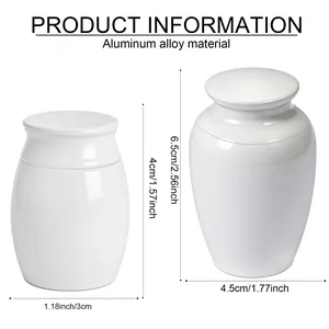 Detailed specifications and size chart for white aluminum alloy pet cremation urns
