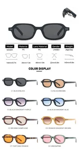 Retro oval sunglasses specifications and 8-color variant display for unisex fashion.
