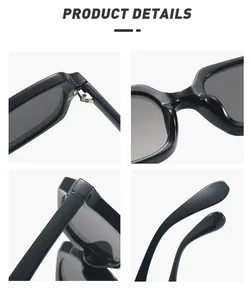 Detalles de gafas de sol rectangulares negras que muestran bisagra y patillas.