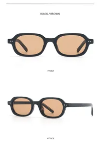 Detailed front and 45-degree side views of retro black small oval frame sunglasses