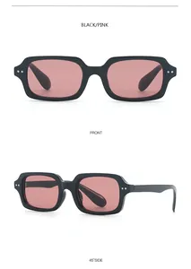 Gafas de sol cuadradas retro con montura negra y lentes rosas desde dos ángulos.