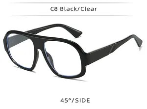 Vista lateral detallada de 45 grados de gafas negras cuadradas extragrandes con lentes claras.