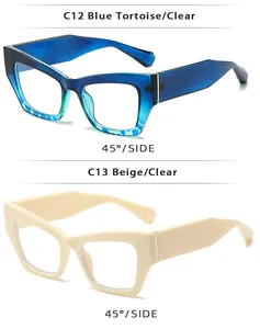 Vue détaillée de montures œil-de-chat en bleu écaille et beige sous un angle de 45°