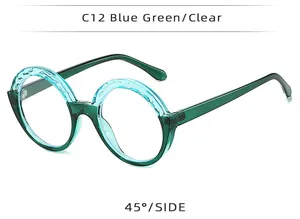 Vue détaillée à 45 degrés de lunettes de soleil rondes surdimensionnées bleues et vertes.