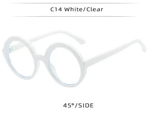 Vue latérale détaillée de lunettes de mode rondes blanches surdimensionnées