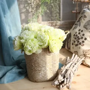 Realistic five-headed artificial peony bouquet in rustic woven basket home decor
