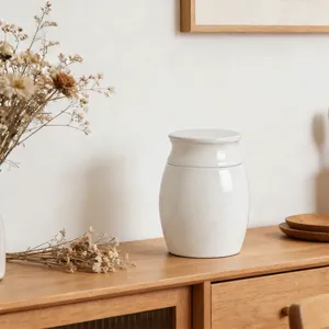 Elegant white aluminum memorial urn for pets or humans displayed on a wooden cabinet
