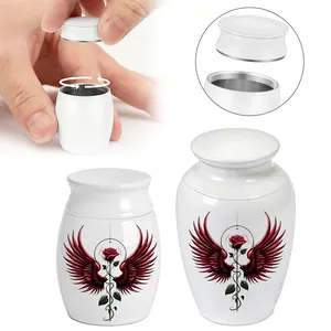Memorial Keepsake Urn For Ashes Aluminum Alloy Mini Human Pet Cremation Urn Red Rose Wings Pattern White Decorative Jar