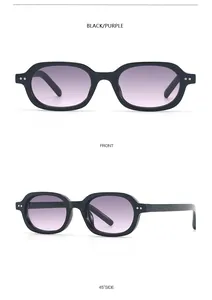 Front and side views of retro black oval sunglasses with purple gradient lenses.