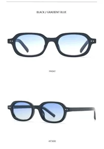 Front and 45-degree side views of retro black oval sunglasses with gradient blue lenses