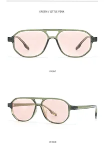 Retro aviator sunglasses with green frame and pink ocean lenses, front and side detail views
