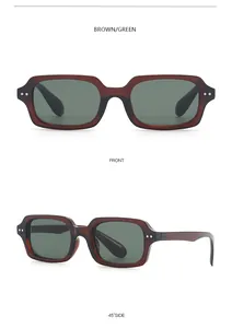 Gafas de sol retro con montura cuadrada marrón y lentes verdes en varias vistas detalladas.