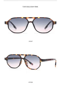Detailed front and side views of tortoise shell double-bridge aviator sunglasses.