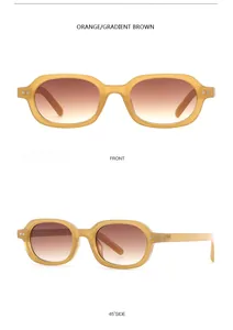 Detail views of retro oval sunglasses with orange frames and gradient brown lenses