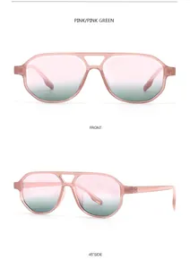 Front and 45-degree side views of pink pilot sunglasses with pink-green gradient lenses.