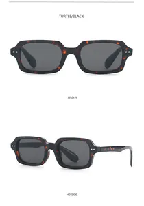 Gafas de sol cuadradas vintage de carey con lentes negras, vista frontal y lateral