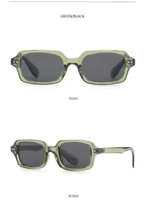 Gafas de sol retro con montura cuadrada verde y lentes negras desde múltiples ángulos