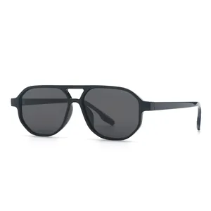 Retro oversized double bridge aviator sunglasses with black frames and dark lenses