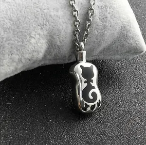 Stainless Steel Cat Pet Memorial Ash Urn Necklace For Men Women Teardrop Bottle Pendant Keepsake Jewelry Perfume Holder Silver