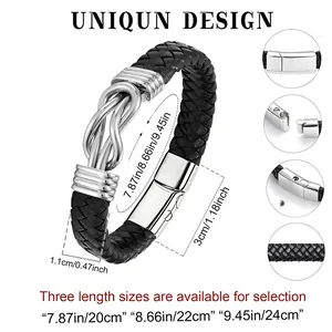 Detail of braided leather cremation bracelet featuring a magnetic clasp and length measurements
