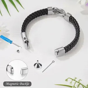 Detail view of stainless steel leather urn bracelet with magnetic buckle and tool kit