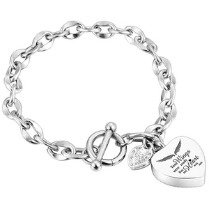 Roestvrijstalen Hart Herdenkingsurne Armband Voor Menselijke Huisdier As Keepsake Crematie Sieraden Gegraveerde Vleugels Strass Hart Charm Armband Voor Dames