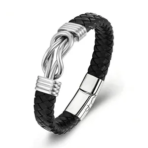Braided black leather cremation urn bracelet with stainless steel knot for ashes