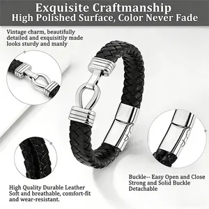 Black braided leather memorial urn bracelet for men with polished stainless steel clasp