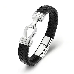 Detail view of black braided leather cremation memorial bracelet with steel clasp